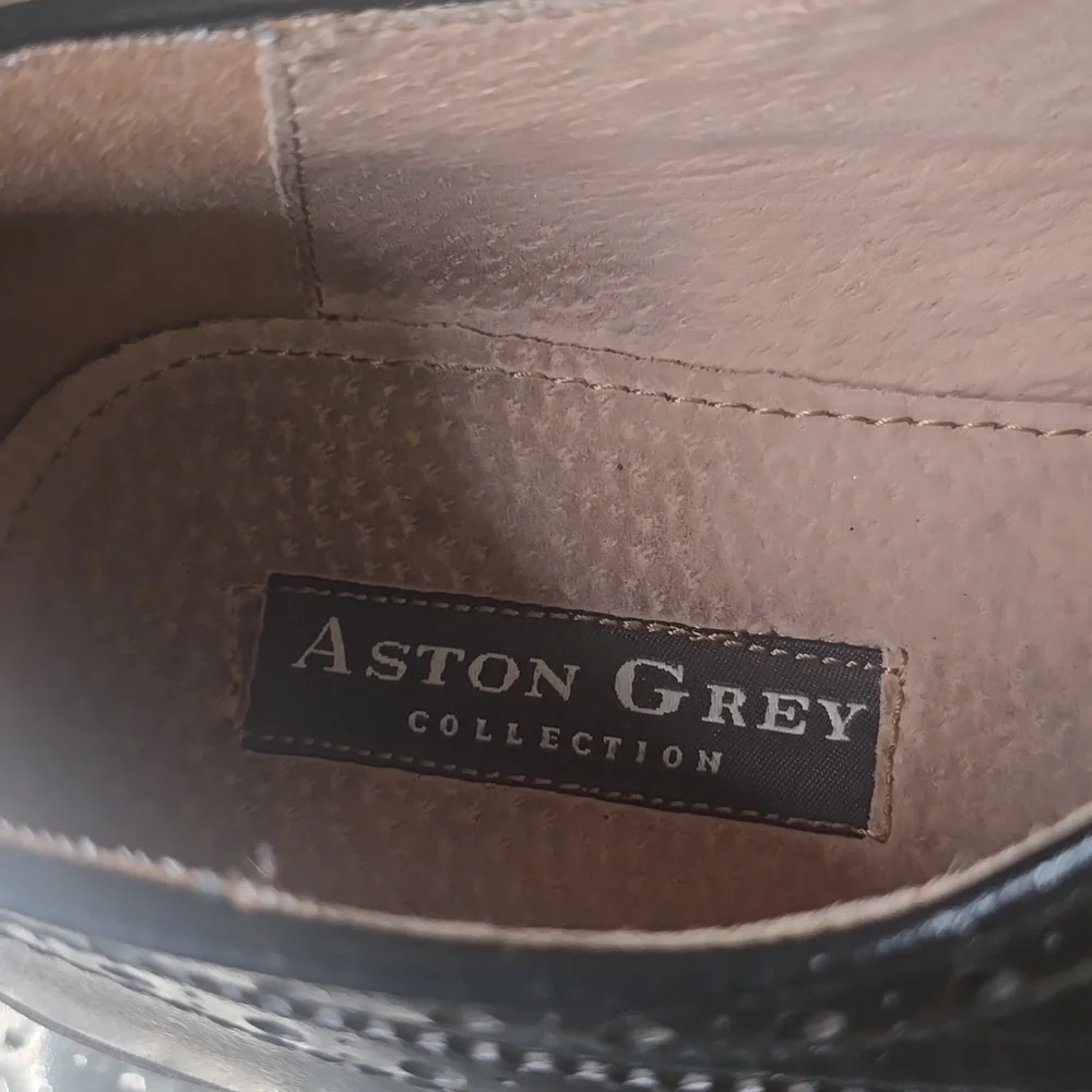 Aston Grey Black Leather Brogue Oxfords with Brown Wood-Effect Soles, Mens Sz 9
